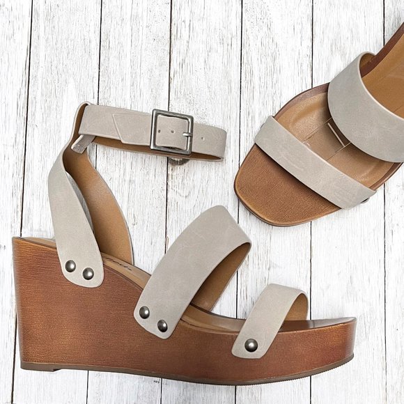 New Women Stone Beige Strappy Platform Wedge Heel Sandals - Picture 1 of 5